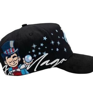 Black Graphic Baseball Cap with Juggling Magician Design